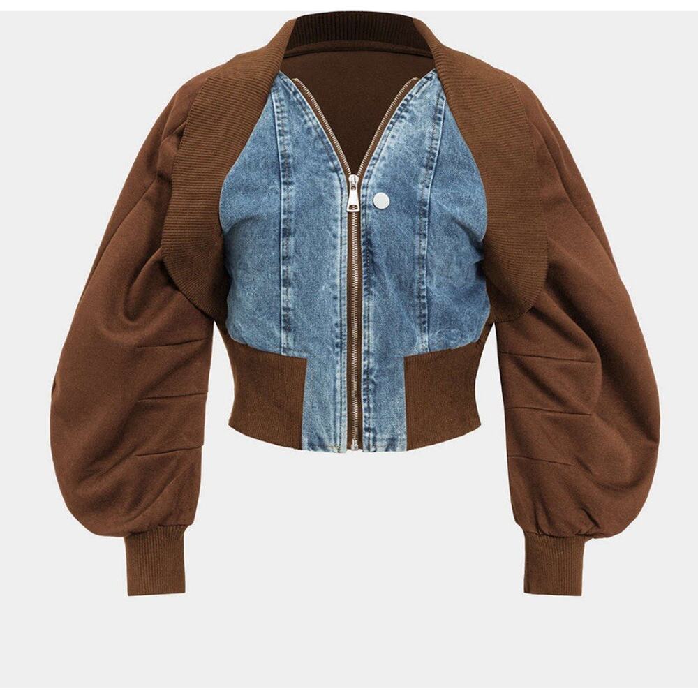 Micas Patchwork Zipper Denim Outerwear Jacket Small (AI2)